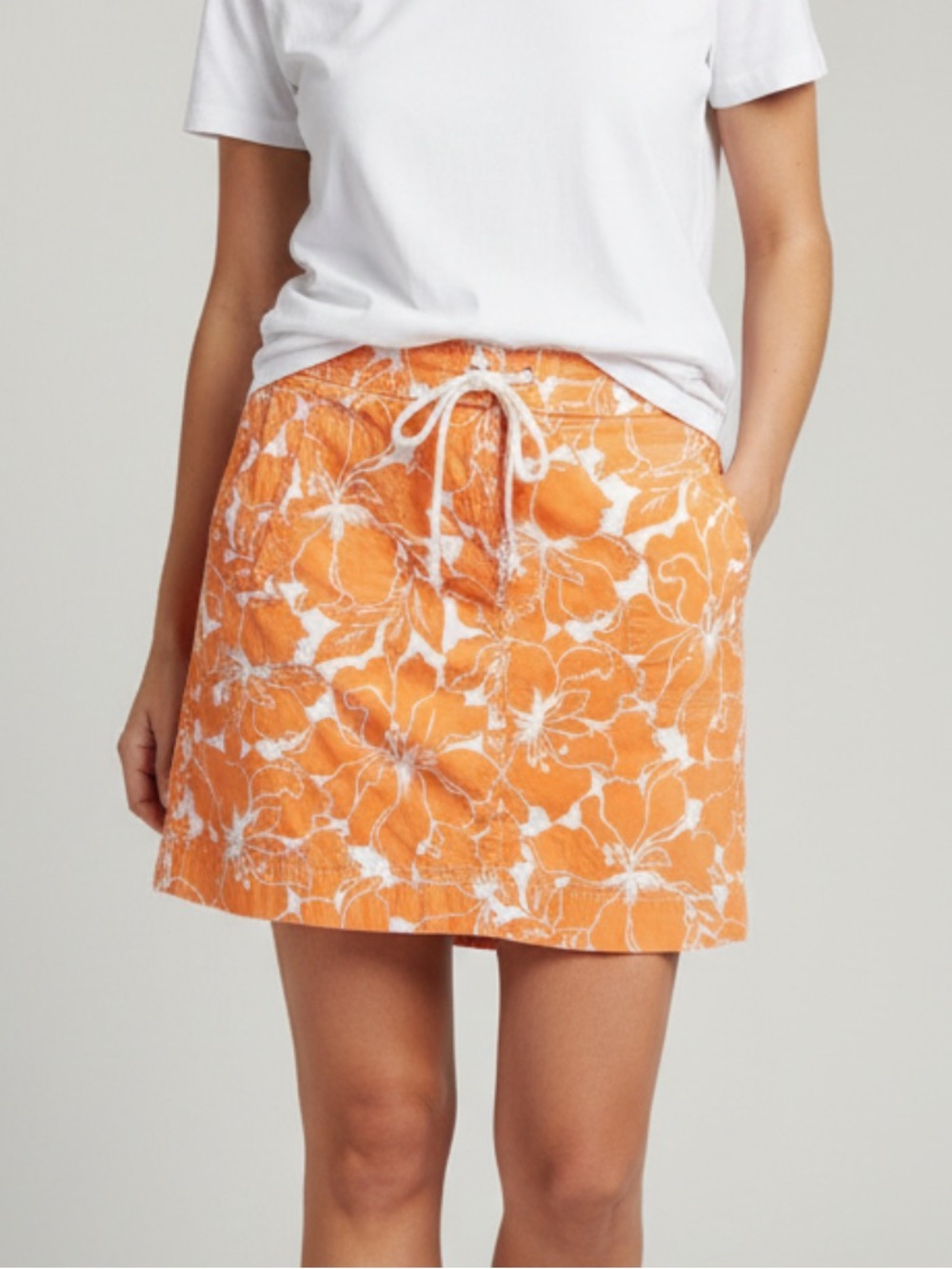 LOFT 100% Cotton Orange and White Floral Drawstring Mini Skirt
